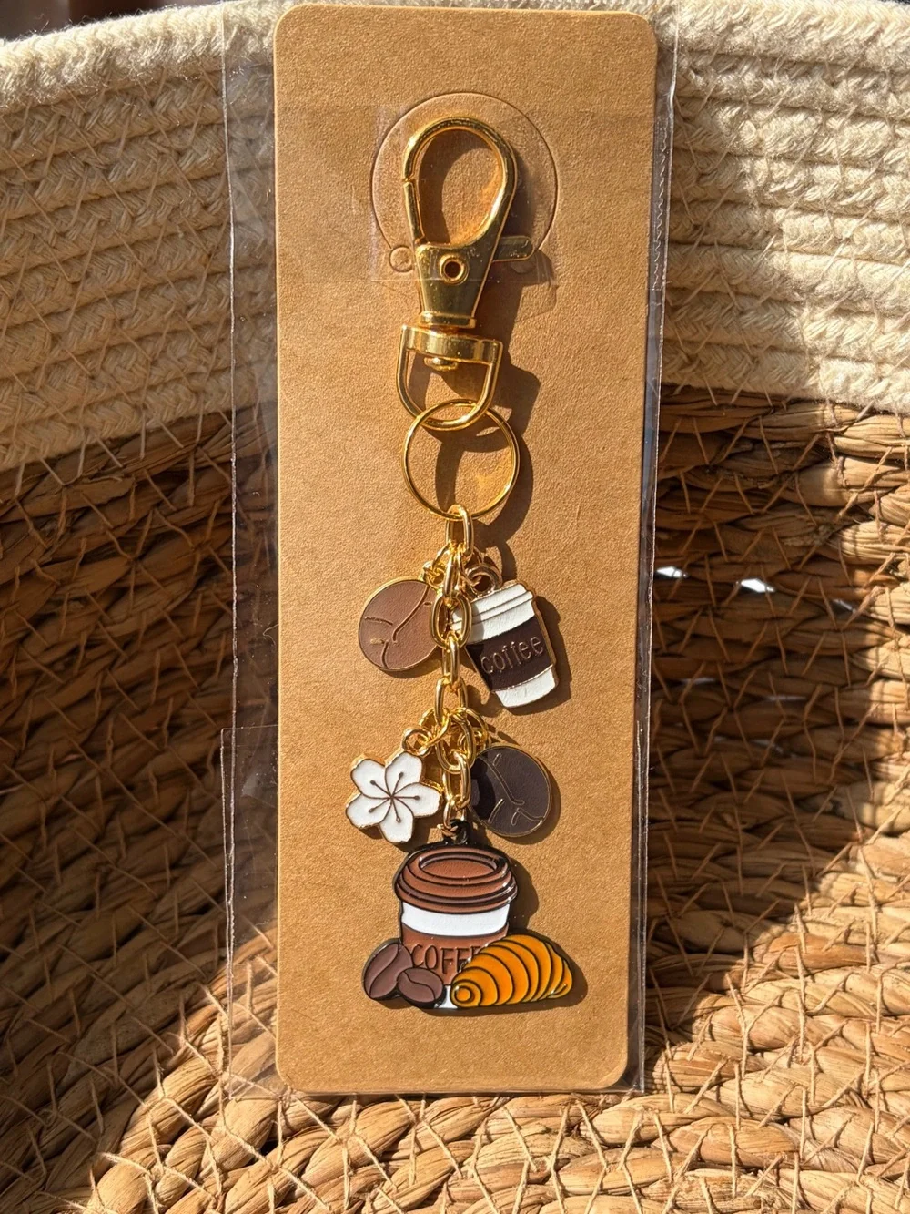 Gold-Tone Coffee Charm Keychain - Brown Coffee Cup & Croissant